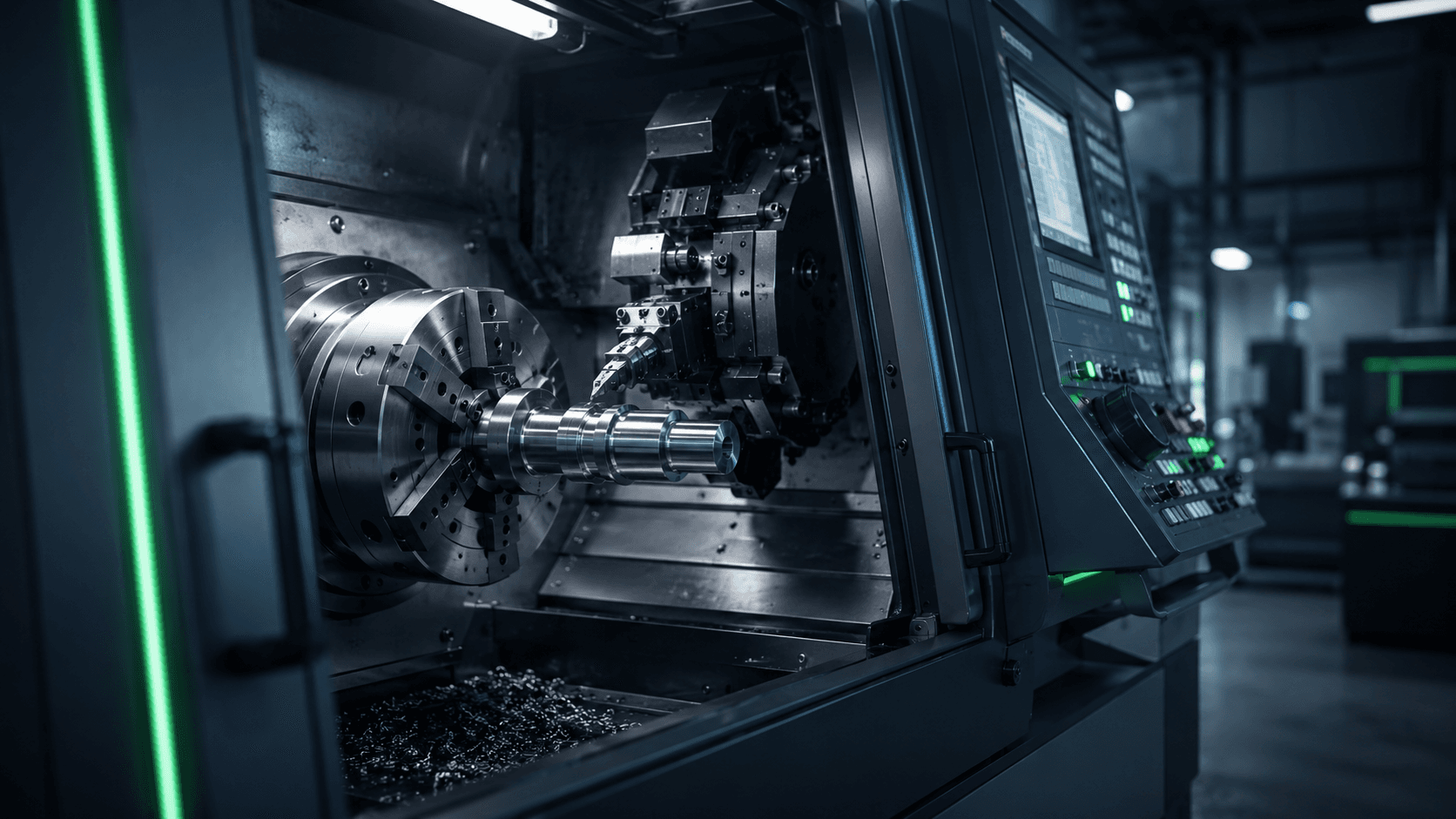 CNC turning machine setup with machining tools and engineering drawings